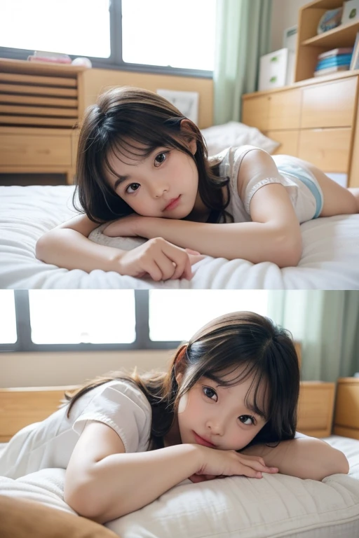 1st grade elementary school,1 princess baby face, Pretty and cute,pretty,shoes, House living room,bed, Full Shot,lying face down,전체사진 Full Shot 