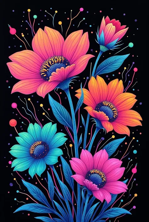 Completely black background, colored pencil drawing of flowers in neon effect colors. Neon effect paint stain in the background. 