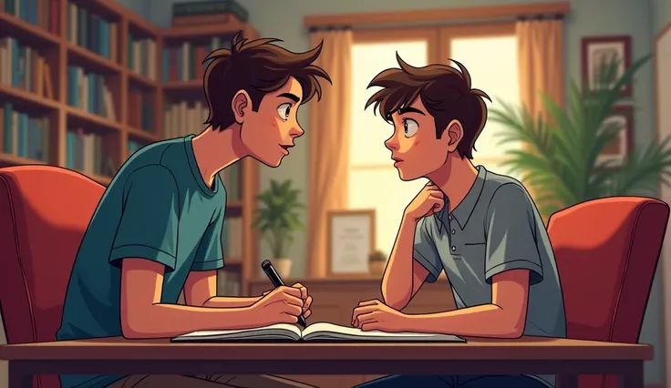  Professor’s Office

Characters: Professor (young adult, casual shirt) and student (casual, slightly disheveled).
Background: A cozy office with bookshelves, a desk, and comfortable chairs.
Description: The professor is speaking gently with the student, wh...