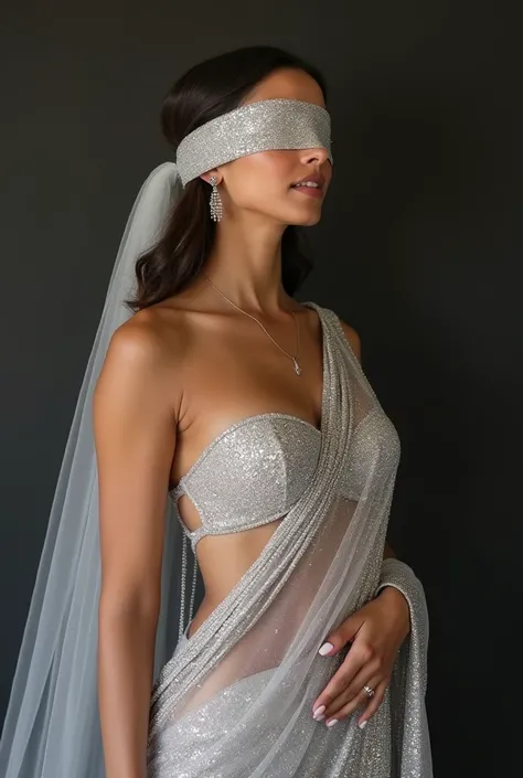 Deepika padukone  sexy blindfolded in shimmering silver translucent prom saree blindfolded 