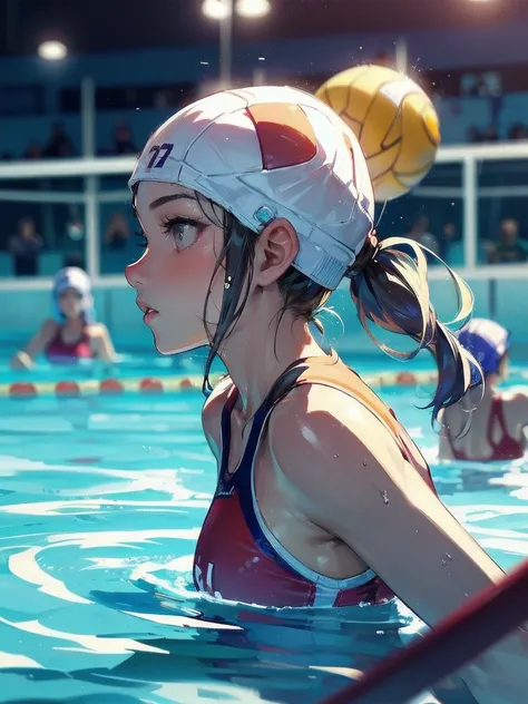  masterpiece, (textured skin), best quality, gorgeous beautiful girl, (a female water polo athlete), detailed clothes,large breasts,narrow waist,, (beautiful face), cinematic lighting, (at water polo venue ),