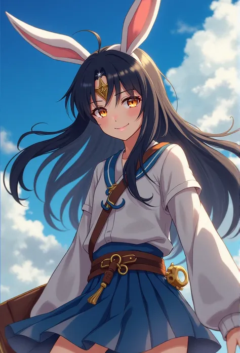 Brave,One woman,Long Hair, Black Hair, White rabbit ears, Holding a book in one hand,Hair blowing in the wind, Forehead protector,Anime Style, Japanese illustration style, smile, Brave,adventure,