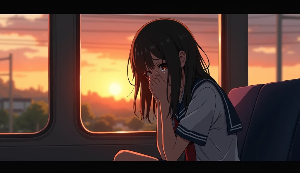 Sunset、on the train、high school girl、tears、I can&#39;t see your face because of your hair、
Illustration