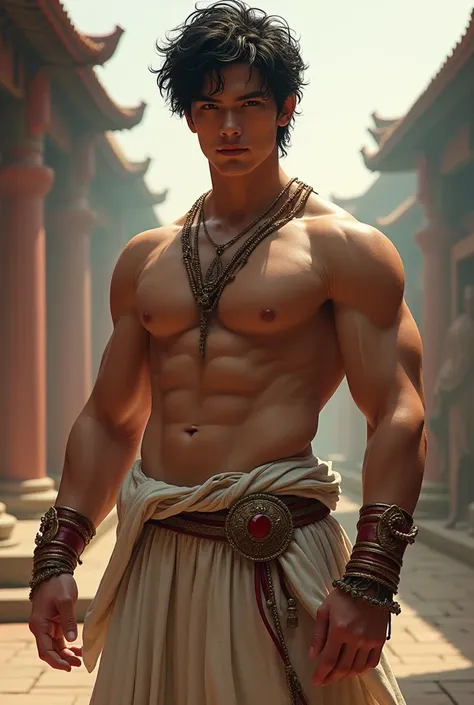 Muscled teenager, Cao Cao, with muscular arms, with black curly hair wearing ancient Greek clothes and with a very large penis