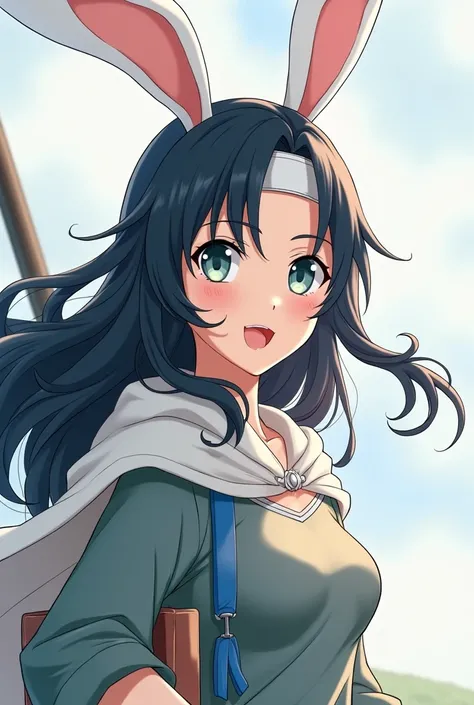 Brave,One woman,Long Hair, Black Hair, White rabbit ears, Holding a book in one hand,Hair blowing in the wind, Forehead protector,Anime Style, smile, Brave,adventure,