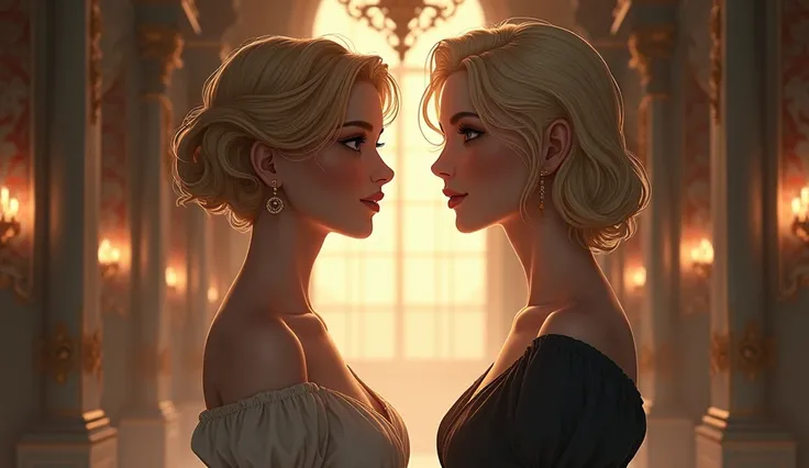 Inside the castle。The short-haired woman, whose blonde hair was cut by the prince and the witch, faces each other with a gentle smile.