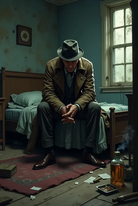 Man in detective outfit in an old dirty room sitting on a bed thinking with his hands on his head 