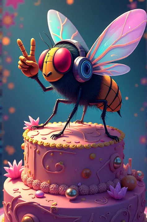 Create a fly using Headphones and making the peace symbol on top of a cake, アニメ, post punk, Vivid colors 