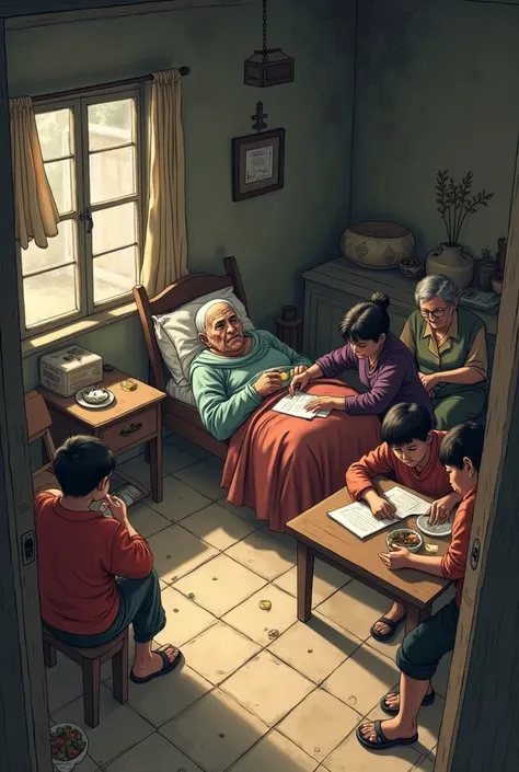 
"Create a scene depicting a poor family living in a single, modest room. There are seven people in total: an elderly member who is visibly sick, two children studying at a small table, the mother cooking in the same room, the father eating at a small, wor...