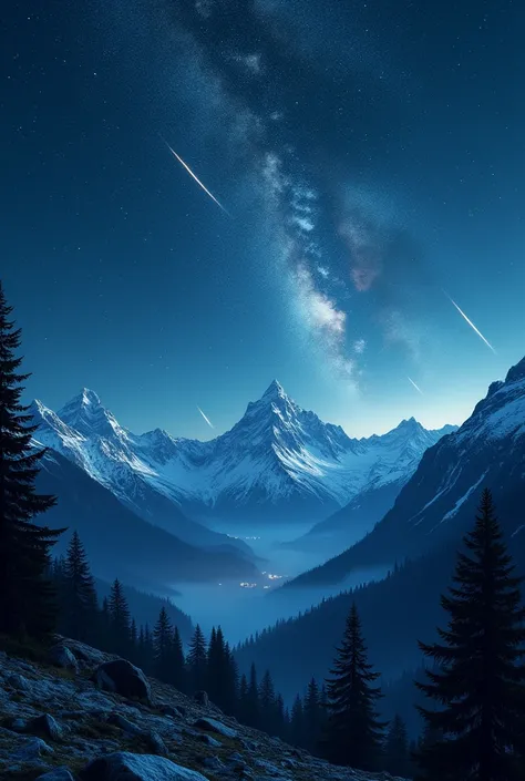 beautiful night sky view with shooting stars in the mountains