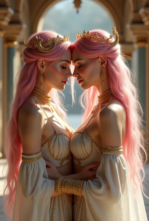 Updated Description:"crie a imagem de duas mulheres gêmeas, appearing to be between 18 and 2, that they are a couple. They have pink hair down to their chins and blue eyes.. Both have faces, perfect skin and bodies, with unparalleled beauty. They are immor...