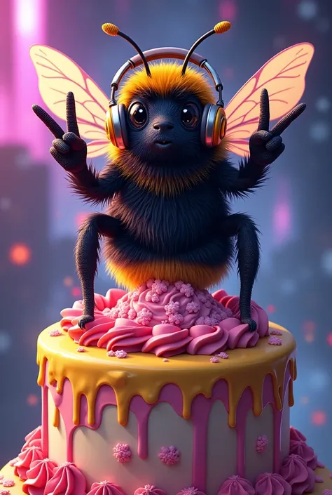 Create a bee using headphone and making the peace symbol on top of a cake, アニメ, post punk, Vivid colors 