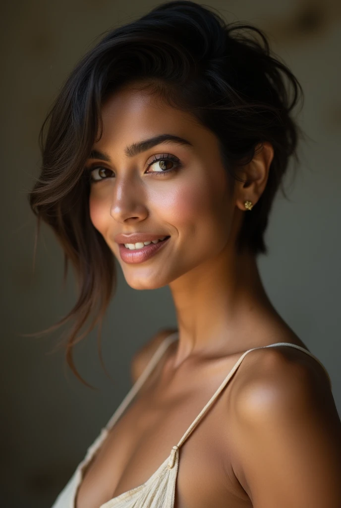 Theres a young woman, beautiful indian woman, who looks to the future like Katrina Kaif, I smiled at the camera, Beautiful teeth, She looks into the camera, a portrait from a raw photo, naked body without dress , ((pixie cut hair)), 
