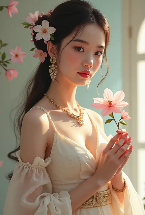 Ultra-realistic 3D digital painting UHD 124K 880DPI Digital art painting, Full-body portrait of an elegant young Thai woman holding a flower and remaining calm while adorned in traditional costume. Her radiant beauty is enhanced by intricate jewelry and ja...