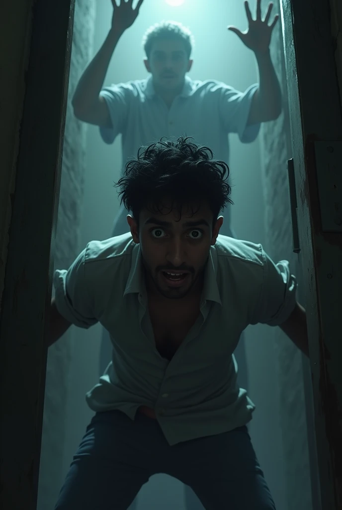    "Arjun is suddenly pulled backward by an invisible force, his face showing fear and shock. The room around him appears distorted, with shadowy hands reaching out from the darkness."
