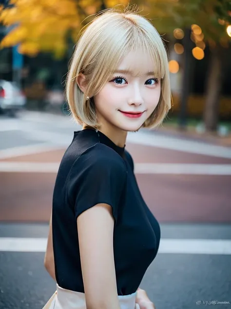 table top, highest quality, 8K, 1 student, Raw photo, absurd, award-winning portraits, smile, one person, idol face, teenager, Beautiful, short hair , ((blond hair)) ,(ground level shot:1.1),(shot from the waist up),(low position:1.1),(Low - Angle:1.1),Nat...