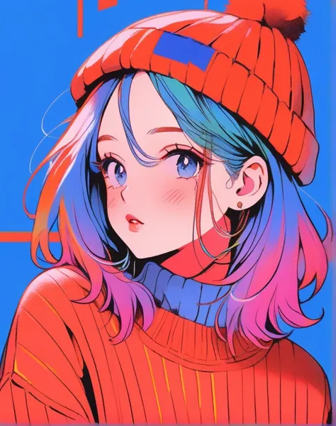 illustrator, anime , realistic ,sketch , 1 girl, ,lip, sweater,order, Blue gradient background, neon hair,Textured trim, Canadian, (masterpiece,Best quality) ganyou