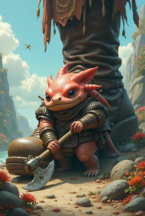 A barbarian axolotl in a fantasy world being crushed by a giant boot 