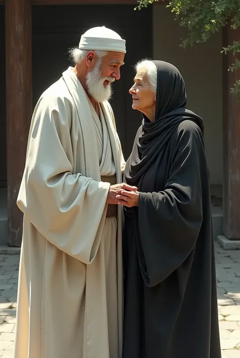 "A  wearing a white robe and white cap talking with his mother, who is 2, wearing a black robe and a long scarf."