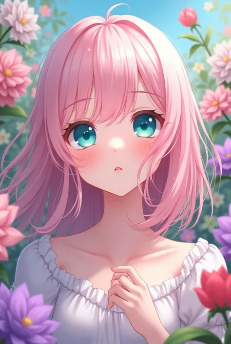 Beautiful anime  with light pink hair and turquoise eyes with flowers in the background, Singing 