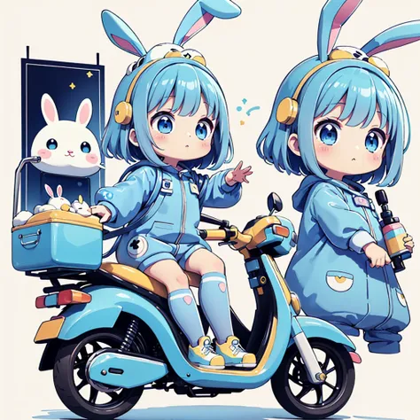 Perfect Anatomy、Highest quality、Masterpiece、Blue rabbit costume、Big goggles on your head、A cute, futuristic scooter in pastel colors、A cutely designed rider suit、White background、Poster,Blue rabbit costume、kawaii tech,