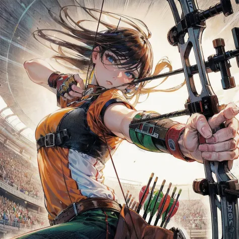  masterpiece, (textured skin), best quality, gorgeous beautiful girl, (a female archery athlete), detailed clothes,large breasts,narrow waist,, (beautiful face), cinematic lighting, (at archery venue ),