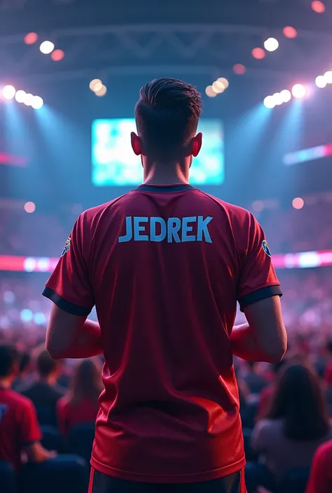  A man folding their hands in a stadium turning back showing their backside of a esports jersey written as jedrek
