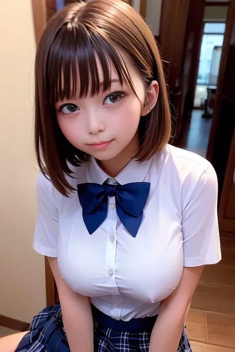 Short sleeve white shirt、Checkered pleated mini skirt、Navy blue bow tie、Navy blue socks、High school girl、Bob Hair、Medium breast、On the way to school、Masterpiece:1.3、Highest quality、Raw photo、Detailed Images、Detailed Background、