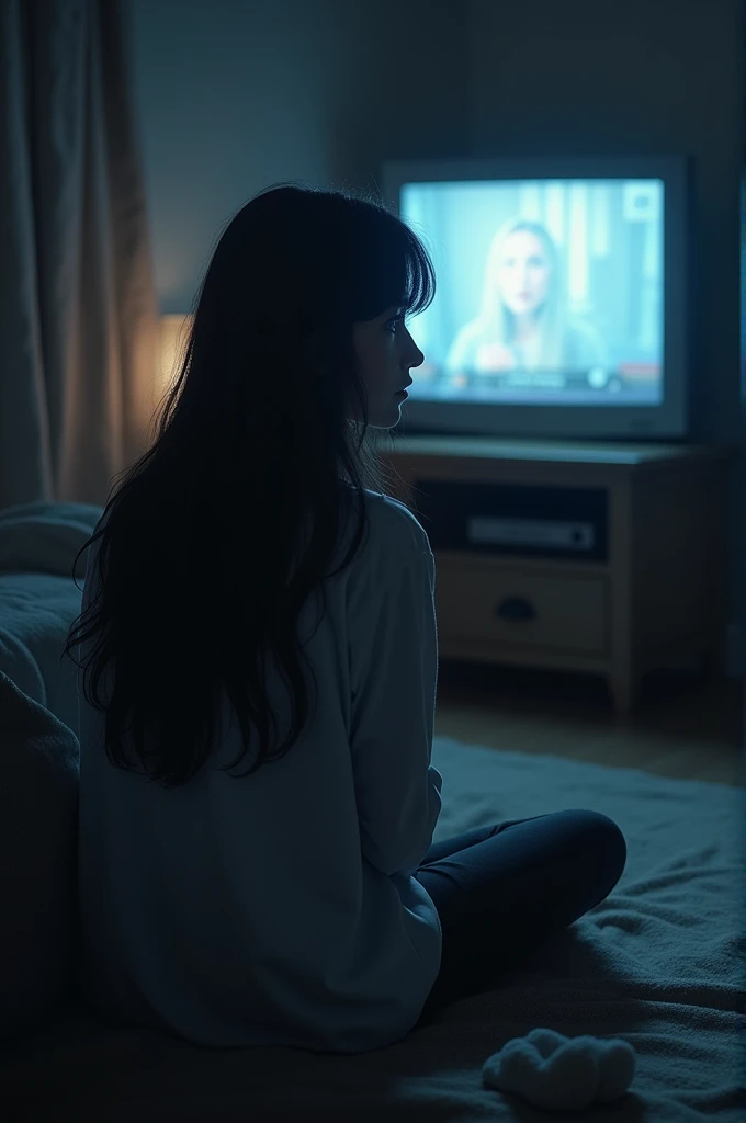 A woman with black hair on her back with a lady looking at a television watching news of a person&#39;s death..