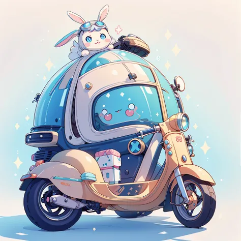 Perfect Anatomy、Highest quality、Masterpiece、Big goggles on your head、A cute, futuristic scooter in pastel colors、A cutely designed rider suit、White background、Poster,Blue rabbit character、