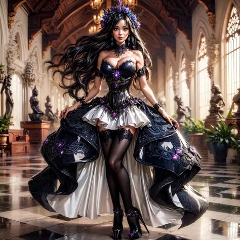 (Extreme HDR) (brightness FX) Photo of an asian woman gigantic Breast white skin with long hair flowing in the wind, wearing a black batik patterned costume, a V-cut strapless corset style batik dress made of carbon fiber patterned satin, a very narrow and...