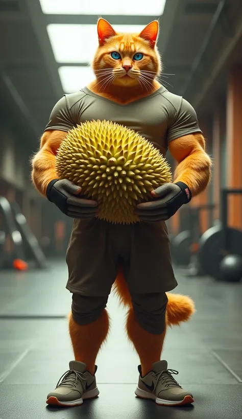 (photorealism:9.16) Make a picture of a muscular orange male cat, her eyes are blue, flat nose, facing the camera, wear sports pants and a t-shirt, sport shoes, wear gloves, both hands lifting giant durian, with the background of a luxury gym, wide, full b...