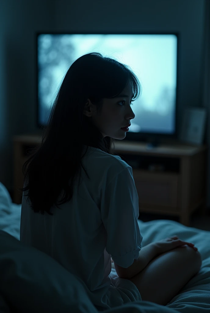 A woman with black hair on her back with a lady looking at a television watching news of a person&#39;s death..