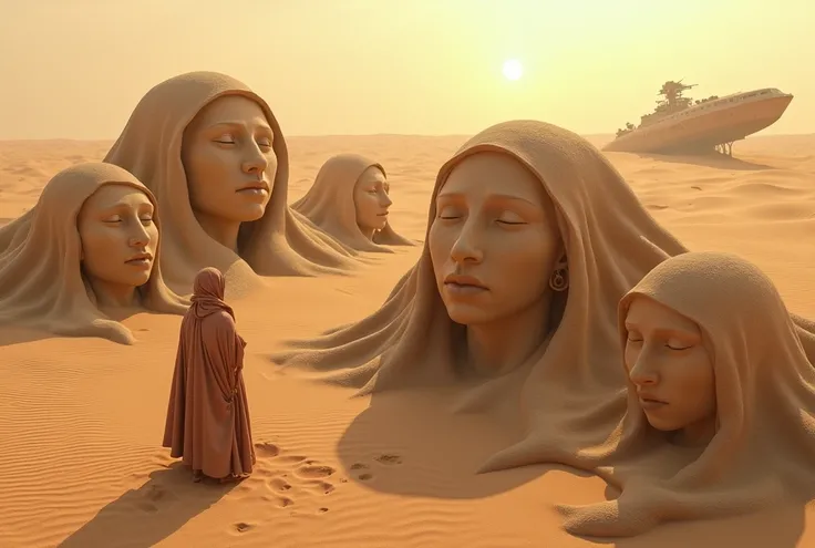 Faces made of white sand in the middle of the desert, detailed eyes, You can see the sun in all its splendor reflecting on those faces , aerial drone view, raw atmosphere, sad, 8k, masterpiece, UHD, A Bedouin walks among the faces, an abandoned spaceship i...