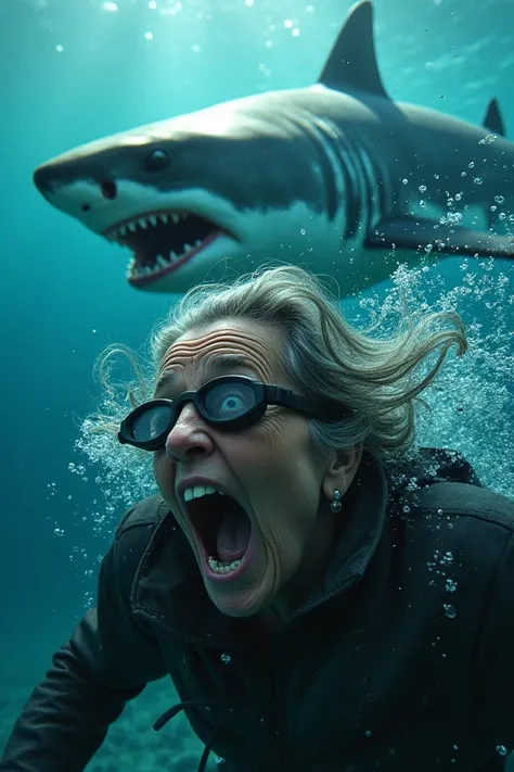 une scène maritime dramatique et humoristique mettant en avant une femme âgée en apnée, paniquée, de peur,  Son visage est ridé,  portant des lunettes de plongée, ses cheveux gris flottent dans leau. En arrière-plan, un grand requin blanc savance vers elle...