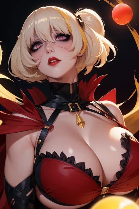 blonde girl, short blonde hair, glowing red eyes staring at the viewer, pale skin, gothic makeup, Red lips, breasts big, thick-thighs, an extremely sexy and beautiful girl,  look of disdain,  holding an energy sphere, wearing a black dress with gold jewelr...