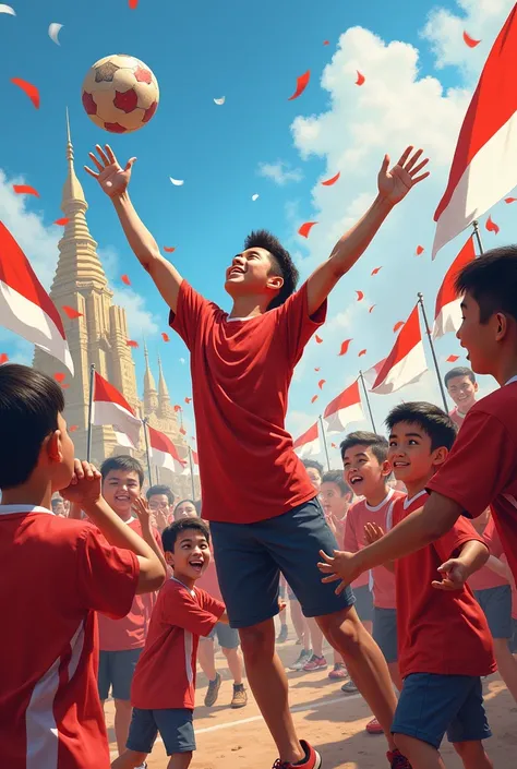 depict a happy national sports day with the theme of Indonesia red and white