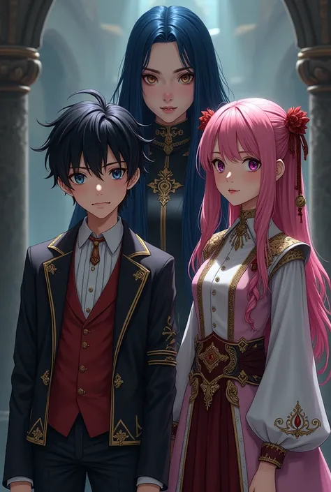 The boy looks cold and handsome with black hair, 14 years old but tall, next to him is a pink-haired woman who is  and tall. And put the mysterious dark blue haired woman behind them and make her character look like a Japanese anime.. And their clothes are...