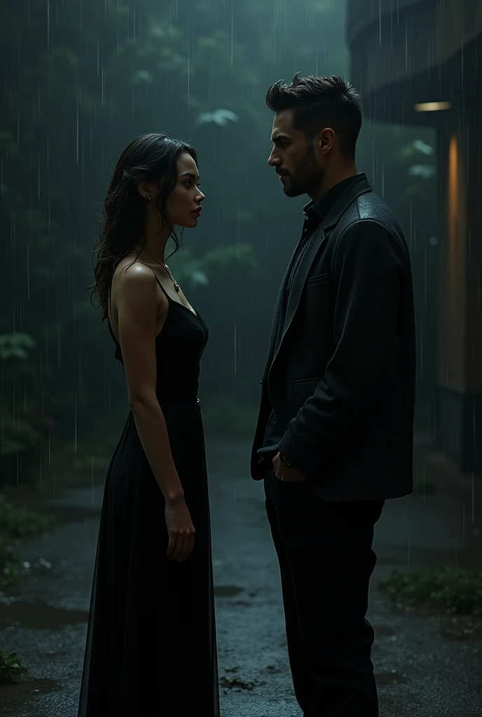 Beautiful girl in black with black background in rain talking with a handsome tall boy