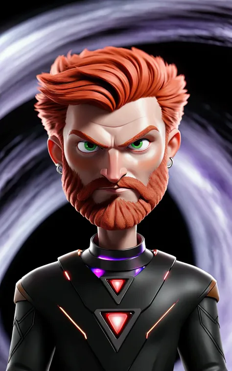 handsome man, Red-Haired, with red beard, greeneyes, red triangle necklace around the neck, in outer space, with a huge black hole, RPG style (best qualityer, 4K, 8k, high resolution, artistry: 1.2), dramatic and ultra-detailed lighting, bright coloured, f...