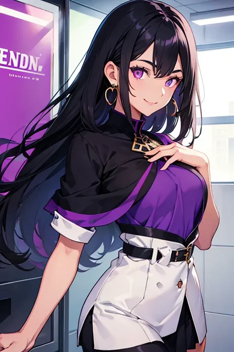 Black Hair, Sideburns,Hair cut at shoulder height, Straight Hair, chest, Crescent-shaped earrings, Purple eyes, Bright Eyes, smile, One girl, smile,Textured skin, Thin legs,high school girl,
