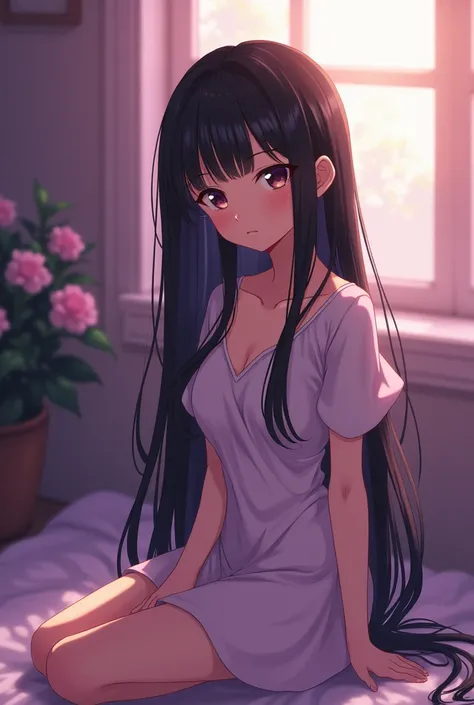 (Demon slayer anime art style)beautiful woman, sitting,long black straight hair with bangs, indoors, soft lighting warm purple, flowers in the background, window with sunlight, relaxed pose, pretty eyes, warm colors,  