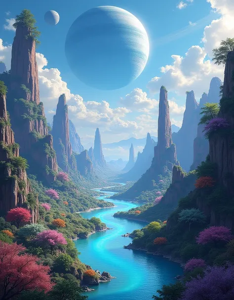 une peinture dun paysage fantastique avec une rivière et une planète, beautiful paysage extraterrestre, stunning paysage extraterrestre, amazing paysage extraterrestre, an paysage extraterrestre, lush paysage extraterrestre, an paysage extraterrestre view,...