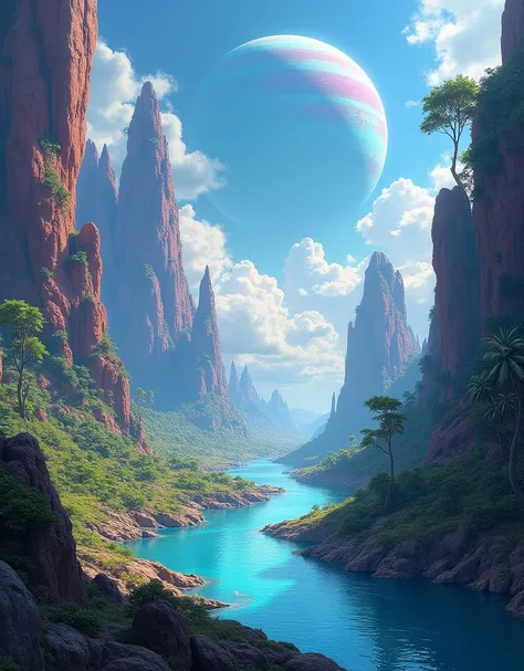 une peinture dun paysage fantastique avec une rivière et une planète, beautiful paysage extraterrestre, stunning paysage extraterrestre, amazing paysage extraterrestre, an paysage extraterrestre, lush paysage extraterrestre, an paysage extraterrestre view,...