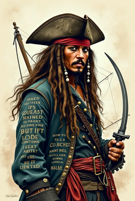 Create an illustration of the character Jack Sparrow using the law of gestalt. Use some of his quotes from the movies, and using the writing of these sentences, create the character shape