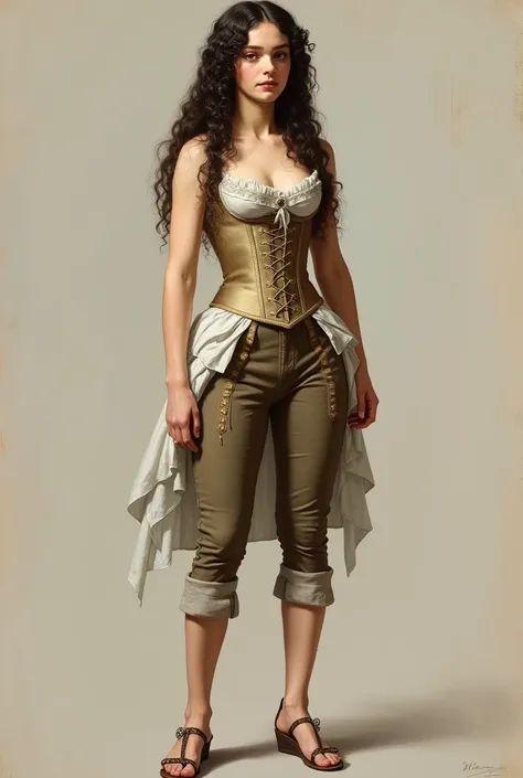 Portrait of Lizzie Greene wearing: knee-lenght breeches, a sleeveless chemise, a corset, sandals with wedges and a long curly wig, detailed feet, beautiful detailed eyes, beautiful detailed lips, extremely detailed eyes and face