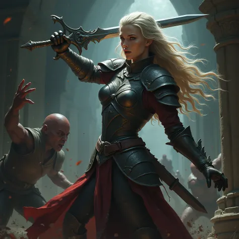 a female warrior fighting monsters in a dungeon, detailed battle scene, highly detailed armor, detailed facial features, beautiful eyes, detailed sword, dark and gritty atmosphere, dynamic motion, dramatic lighting, cinematic composition, fantasy, digital ...