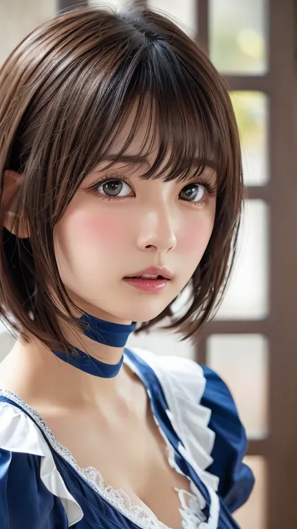 8k, Highest quality, Tabletop:1.2), (Realistic, Realistic:1.37), Highest quality, Tabletop, Beautiful young woman, Pensive expression,、Charm、そしてCharm表情, Cute maid outfit, Tie your hair back, Movie Background, Light skin tone、Head ornament、Red and navy chec...