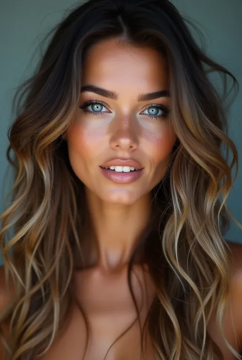 Woman with tanned tire complexion with long wavy brunette hair with light blue hair highlights with blue eyes with an angel face with fine features with freckles with white teeth, with a neckline and some shape