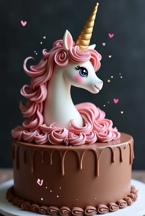 Chocolate cake with a unicorn design covered in fondant and viewed from the side